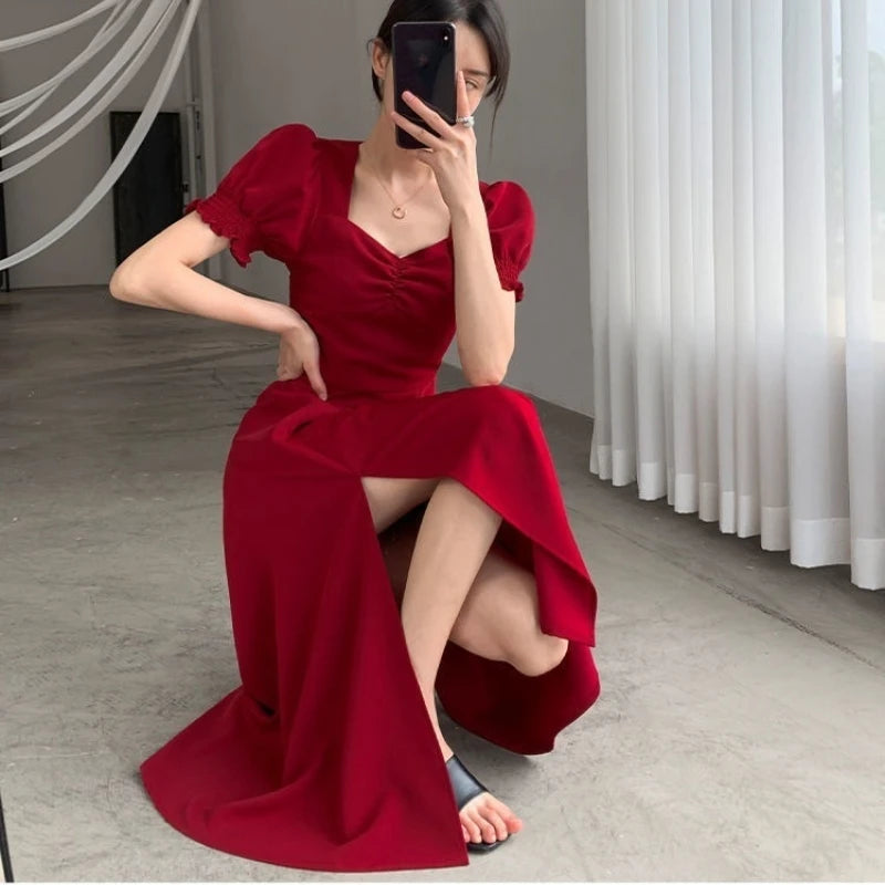 Elegant Slim-Fit Tiered Mid-Calf Dress