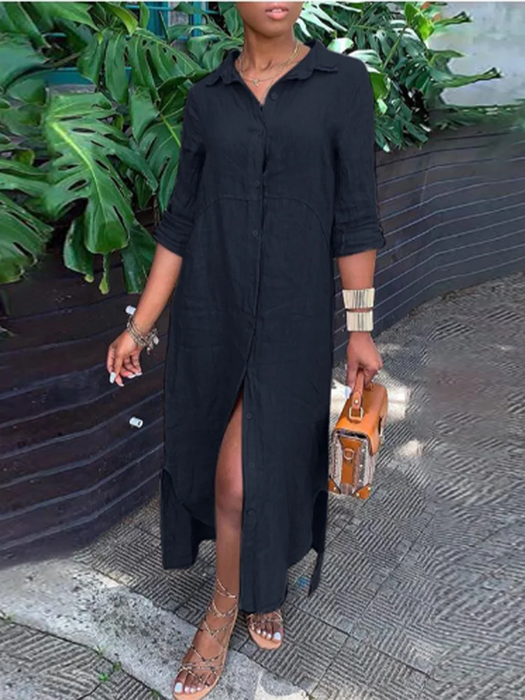 Elegant Button-Up Ankle-Length Casual Dress