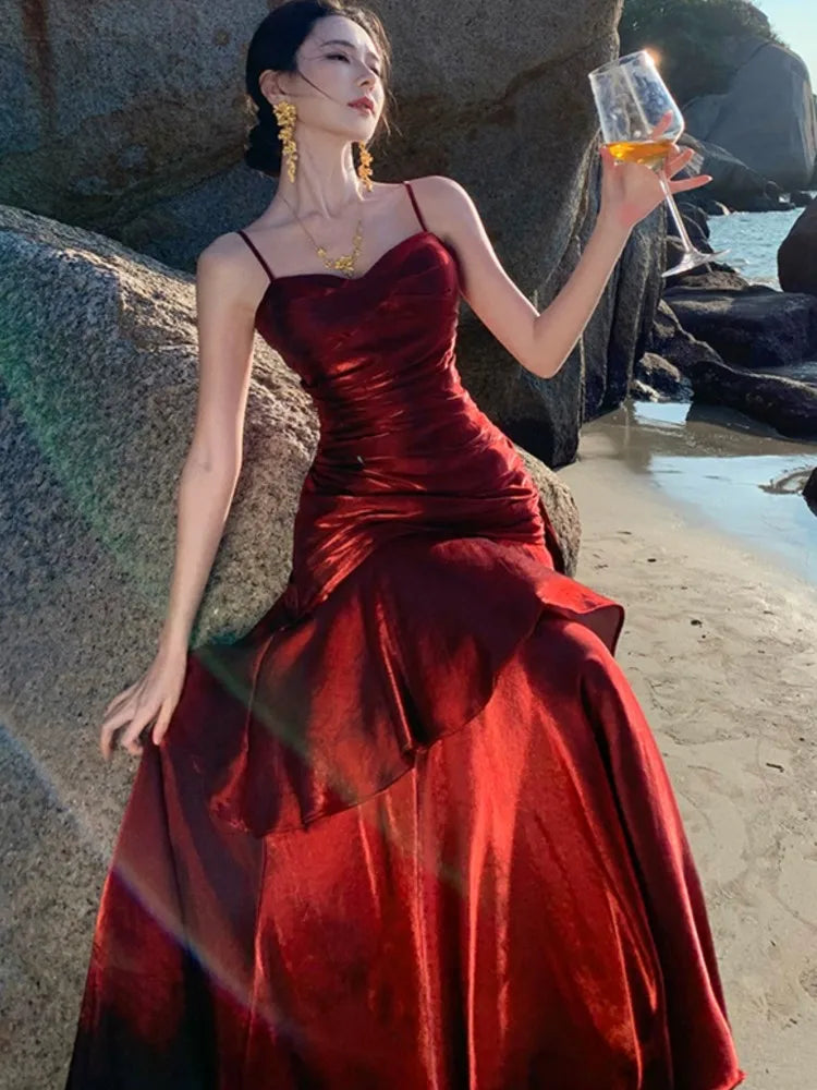 Elegant Ankle-Length Flounced Edge Evening Dress